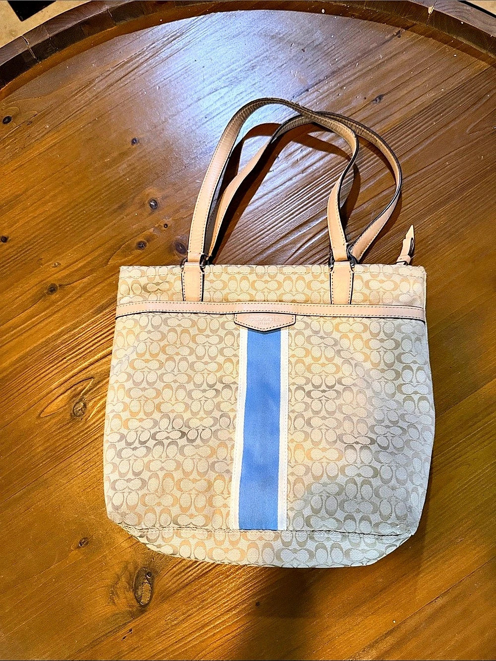Coach Signature Stripe Tote Beige & Blue